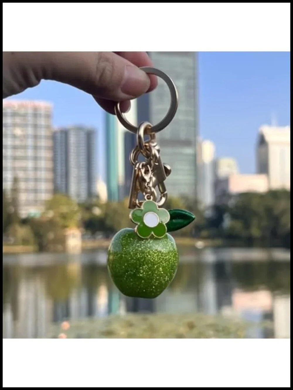 Sparkly Green Apple Purse Charm, Gold Hardware Keychain